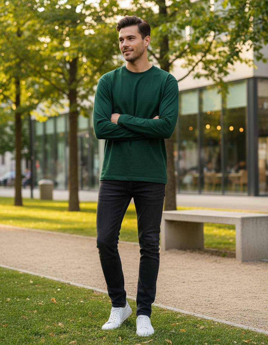 Men's Full Sleeve T-Shirt | MF31 | Bottle Green | Plain