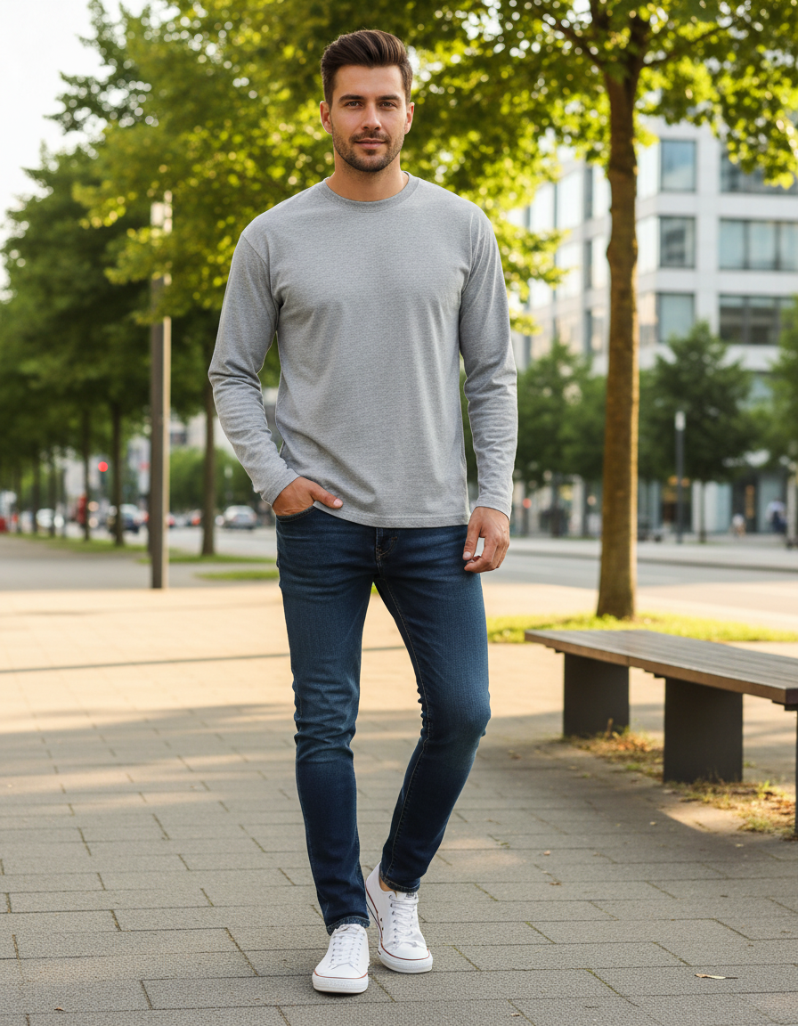 Men's Full Sleeve T-Shirt | MF31 | Grey Melange | Plain