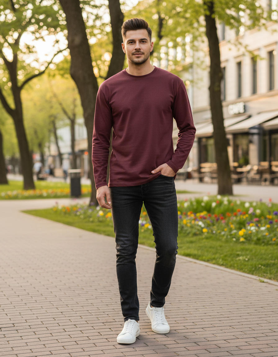 Men's Full Sleeve T-Shirt | MF31 | Maroon | Plain