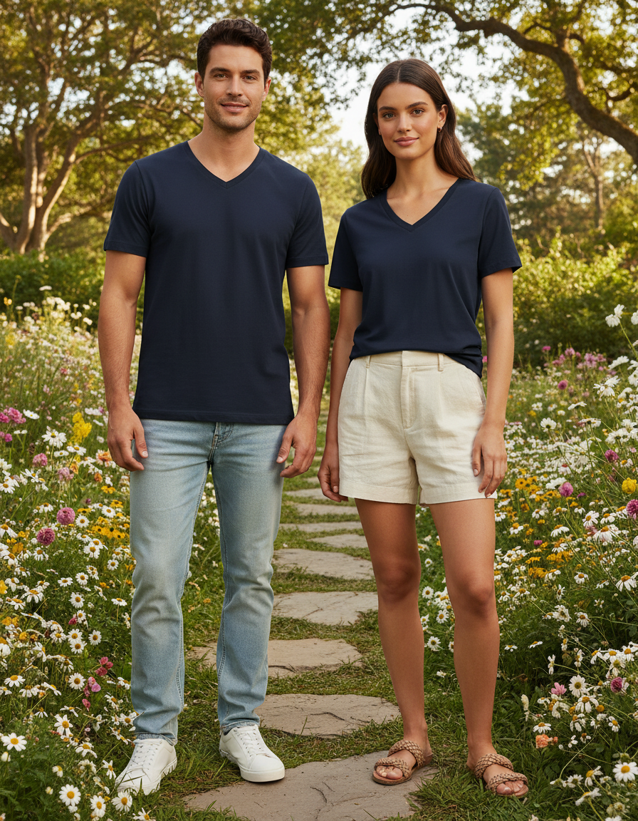 Unisex Men's V Neck T-Shirt | UV34 | Navy Blue | Plain