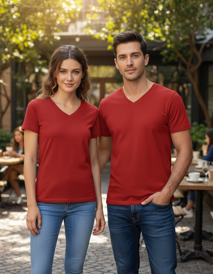 Unisex Men's V Neck T-Shirt | UV34 | Red | Plain